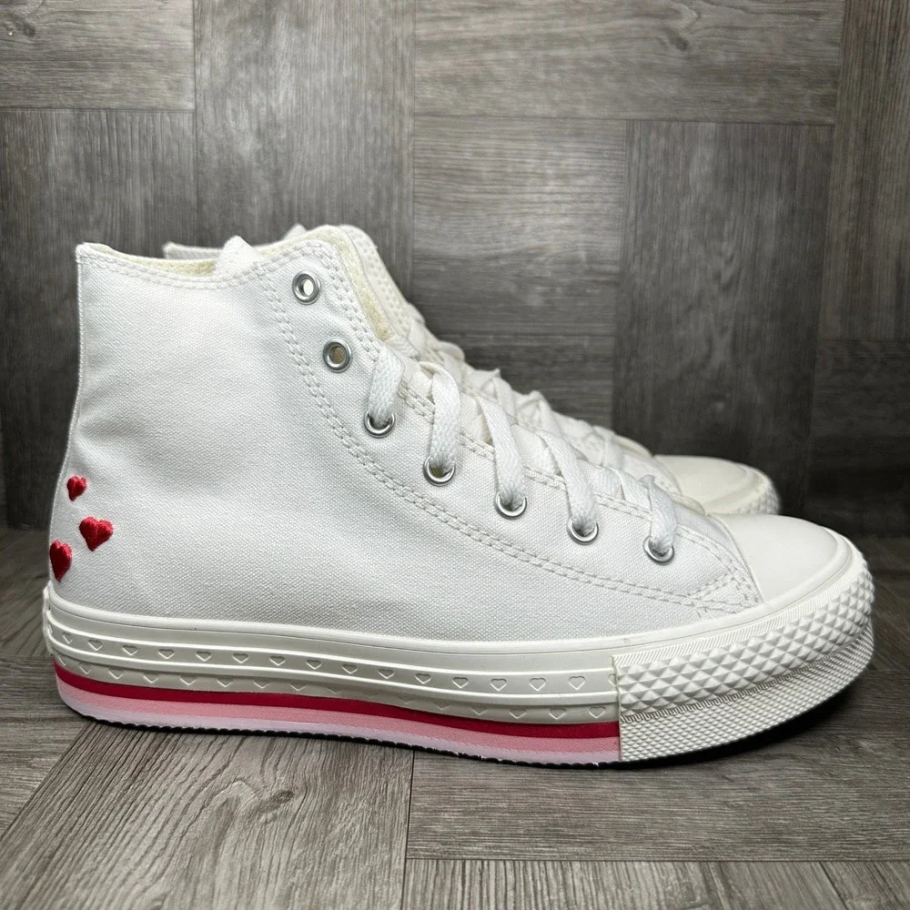 Converse High Top Sneakers Kids 3 White Heart Platform Canvas NEW A10716C